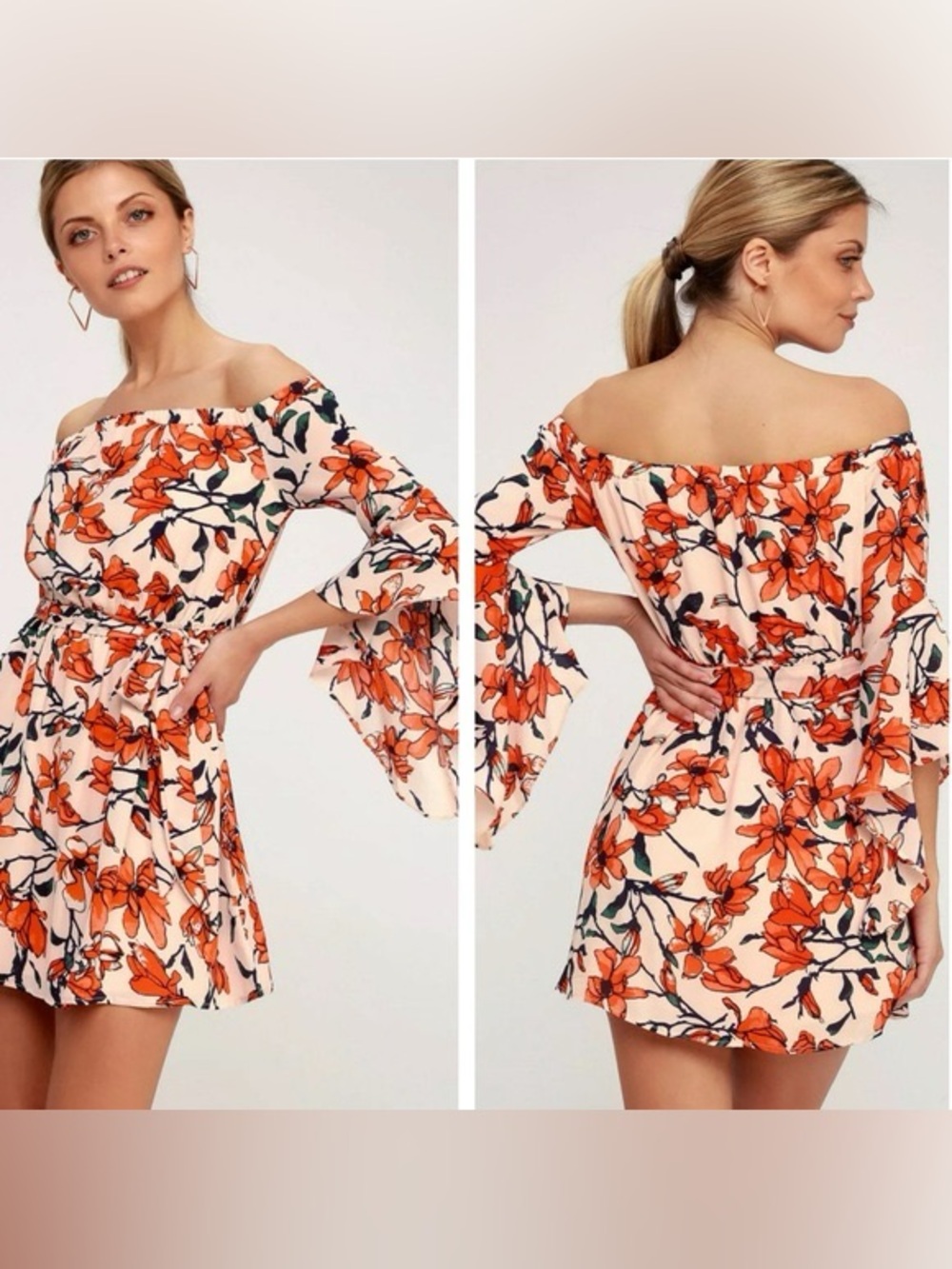 Lulu's Cream Mini Dress with Bold Orange Floral Print, size medium